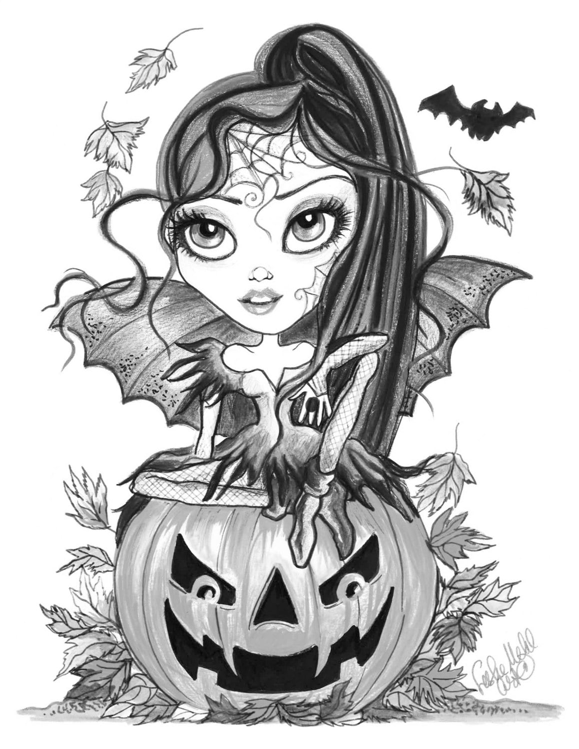 Adult coloring page grayscale coloring page digital download halloween fantasy art batina by leslie mehl art