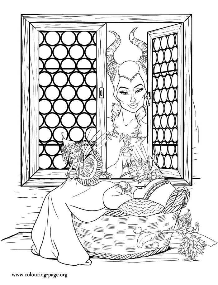 Maleficent looks through the window while the three flower pixies take care of the baby aurora have fun with â maleficent cool coloring pages disney maleficent