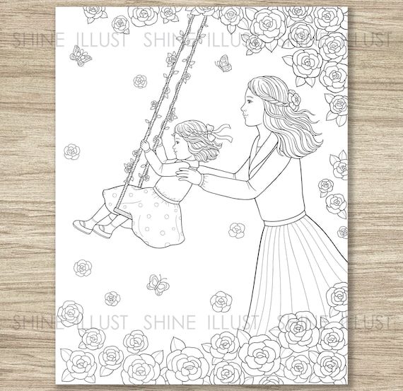 Swing daughter and mom coloring printable coloring page coloring sheet shineillust
