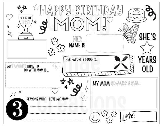 Happy birthday mom coloring page printable all about mom fill in template mothers birthday activity moms birthday printable for kids instant download