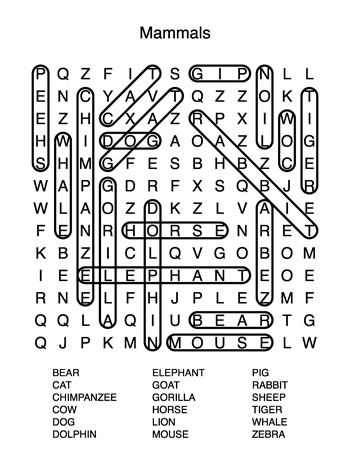 Large print word search â âmammalsâ â tims printables