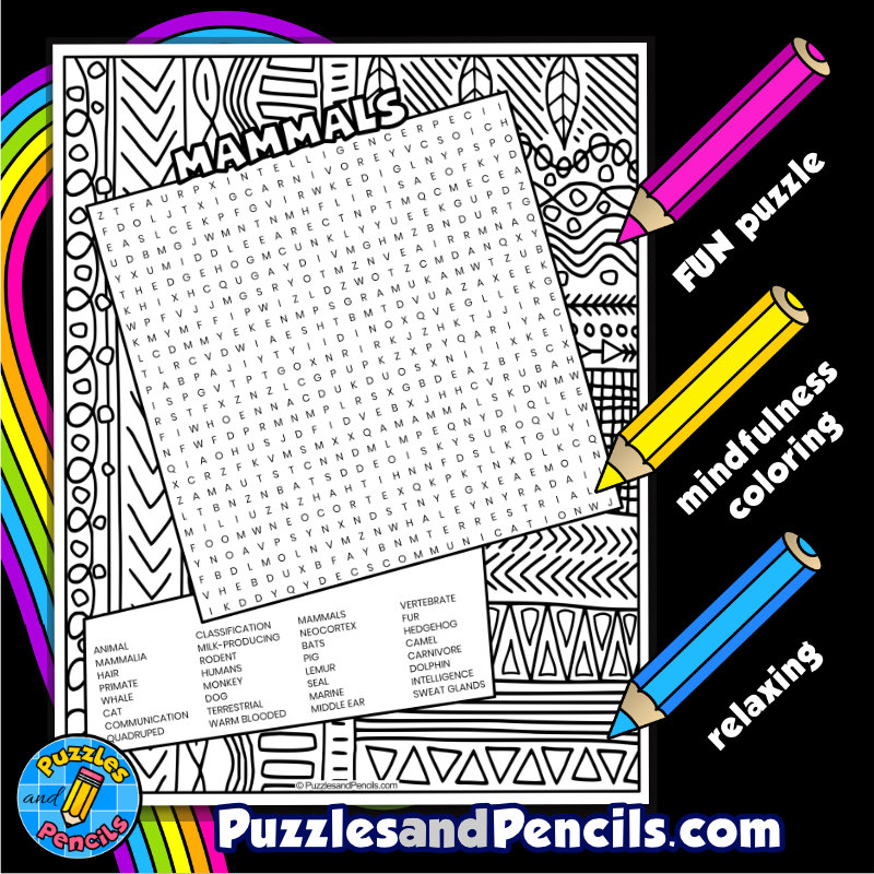 Mammals word search puzzle with coloring animal classification wordsearch made by teachers