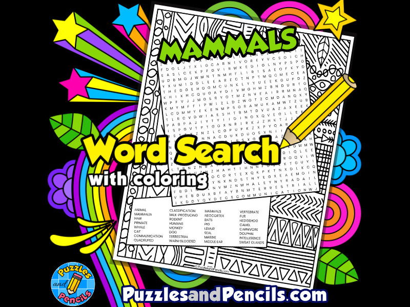 Mammals word search puzzle with colouring animal classification wordsearch teaching resources