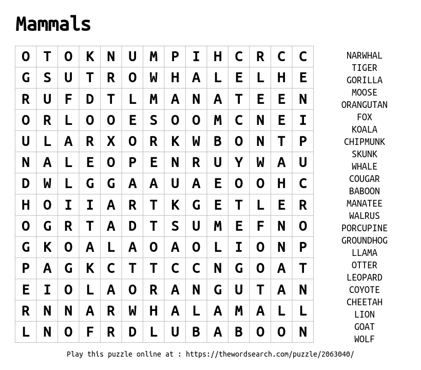 Download word search on mammals
