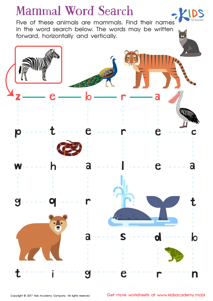 Printable mammal word search free printable pdf for kids