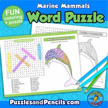 Marine mammals word search puzzle and coloring activity page marine life