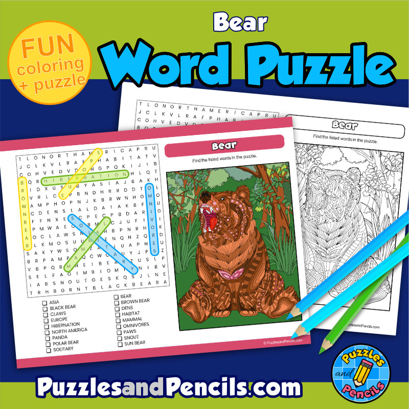 Bear word search puzzle activity page and coloring wordsearch made by teachers