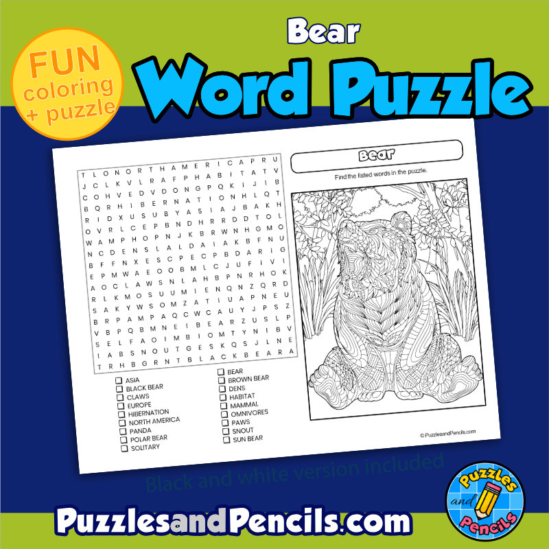 Bear word search puzzle activity page and coloring wordsearch made by teachers