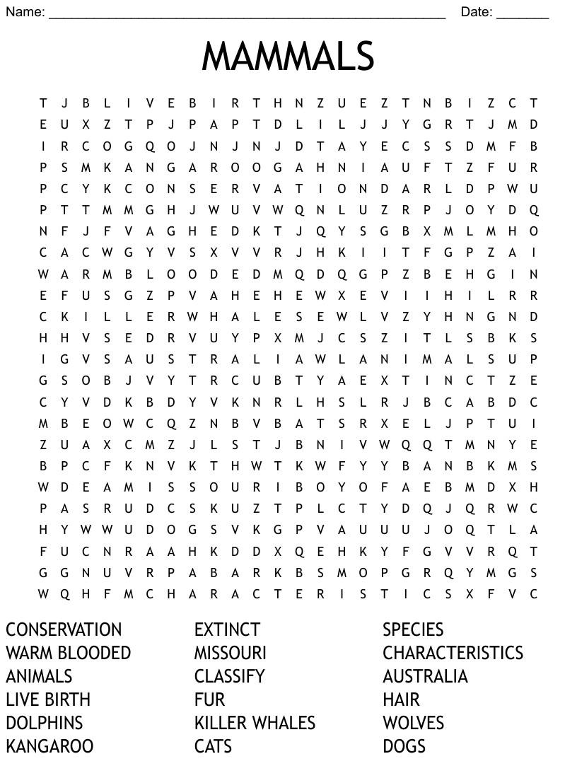 Mammals word search