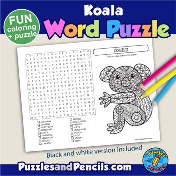 Koala word search puzzle and coloring activity page by puzzles and pencils