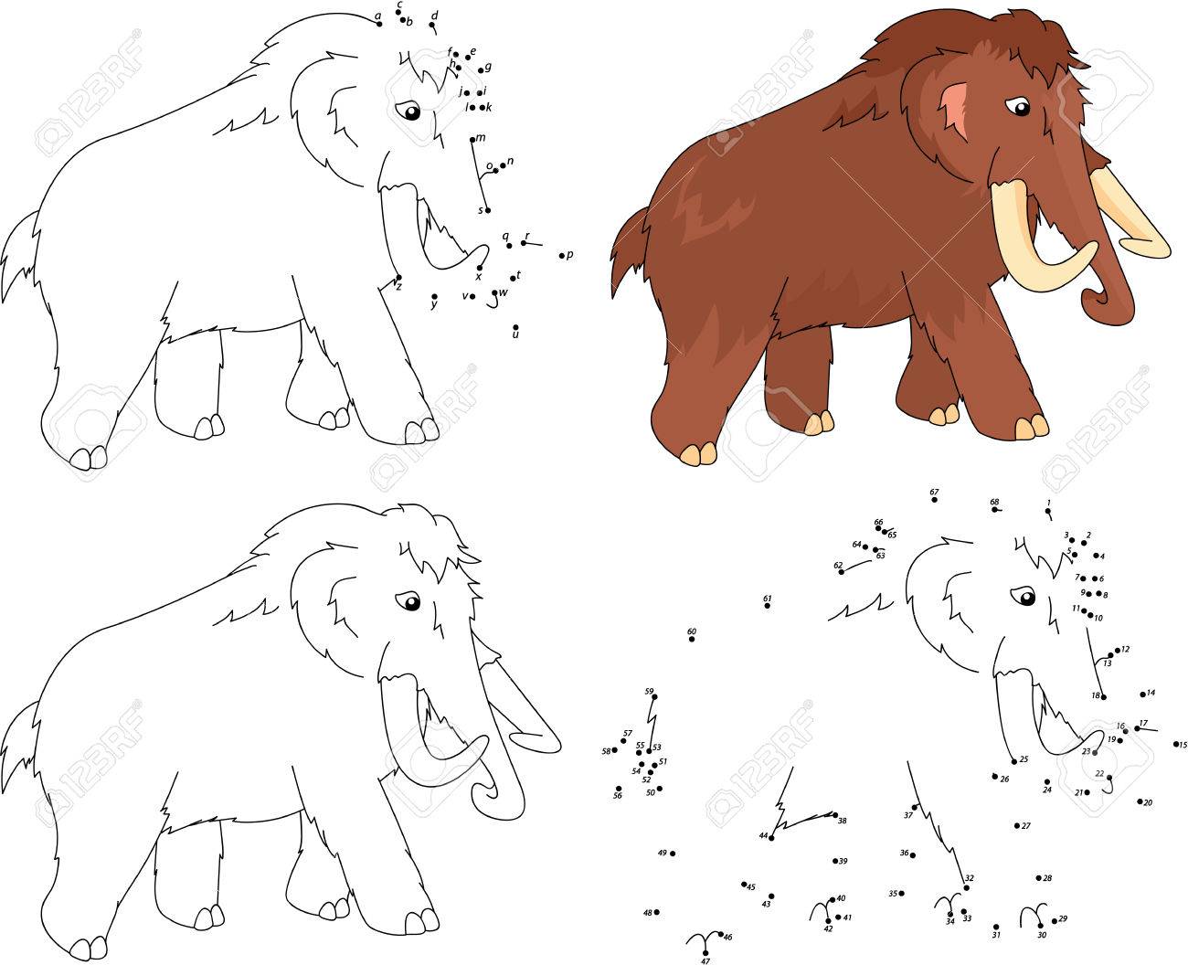 Cartoon mammoth coloring book and dot to dot educational game for kids royalty free svg cliparts vectors and stock illustration image