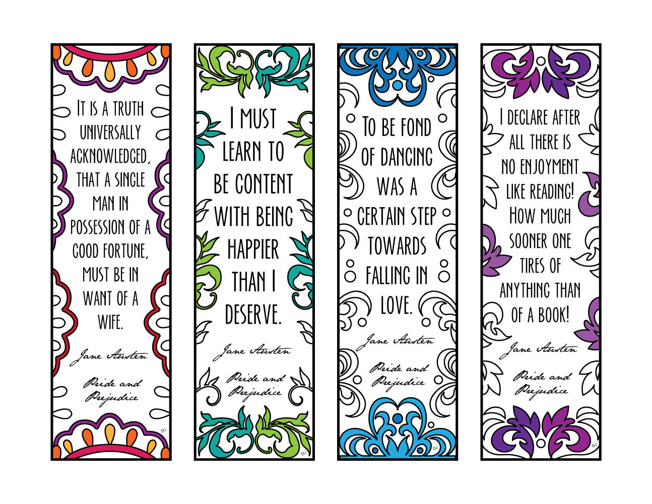 Pride and prejudice quote bookmarks â pdf zentangle coloring page â scribble stitch