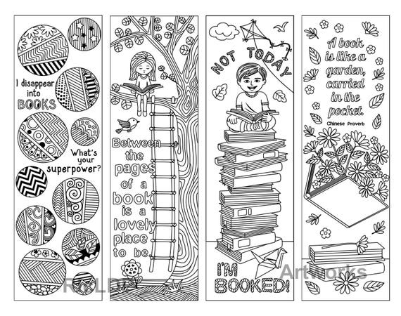 Coloring bookmarks with quotes about books and reading cute doodle markers boy girl drawings digital download
