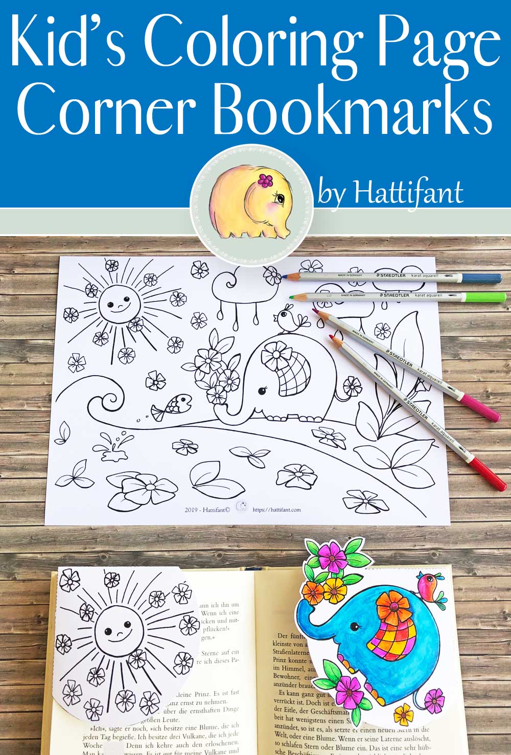Kids coloring page corner bookmarks elephant spring