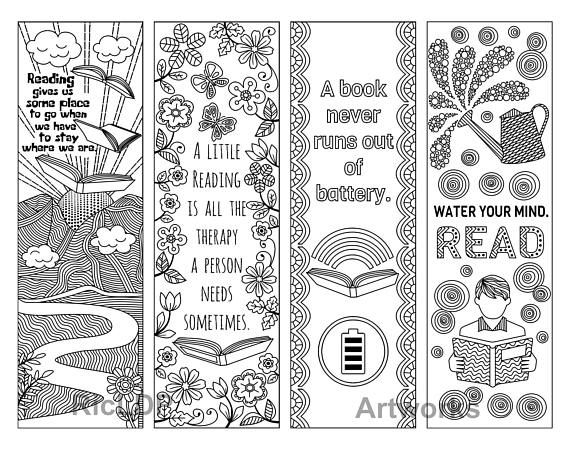 Coloring bookmarks with quotes about books and reading cute doodle markers boy girl drawings digital download