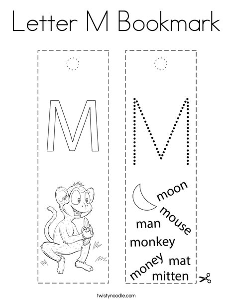 Letter m bookmark coloring page