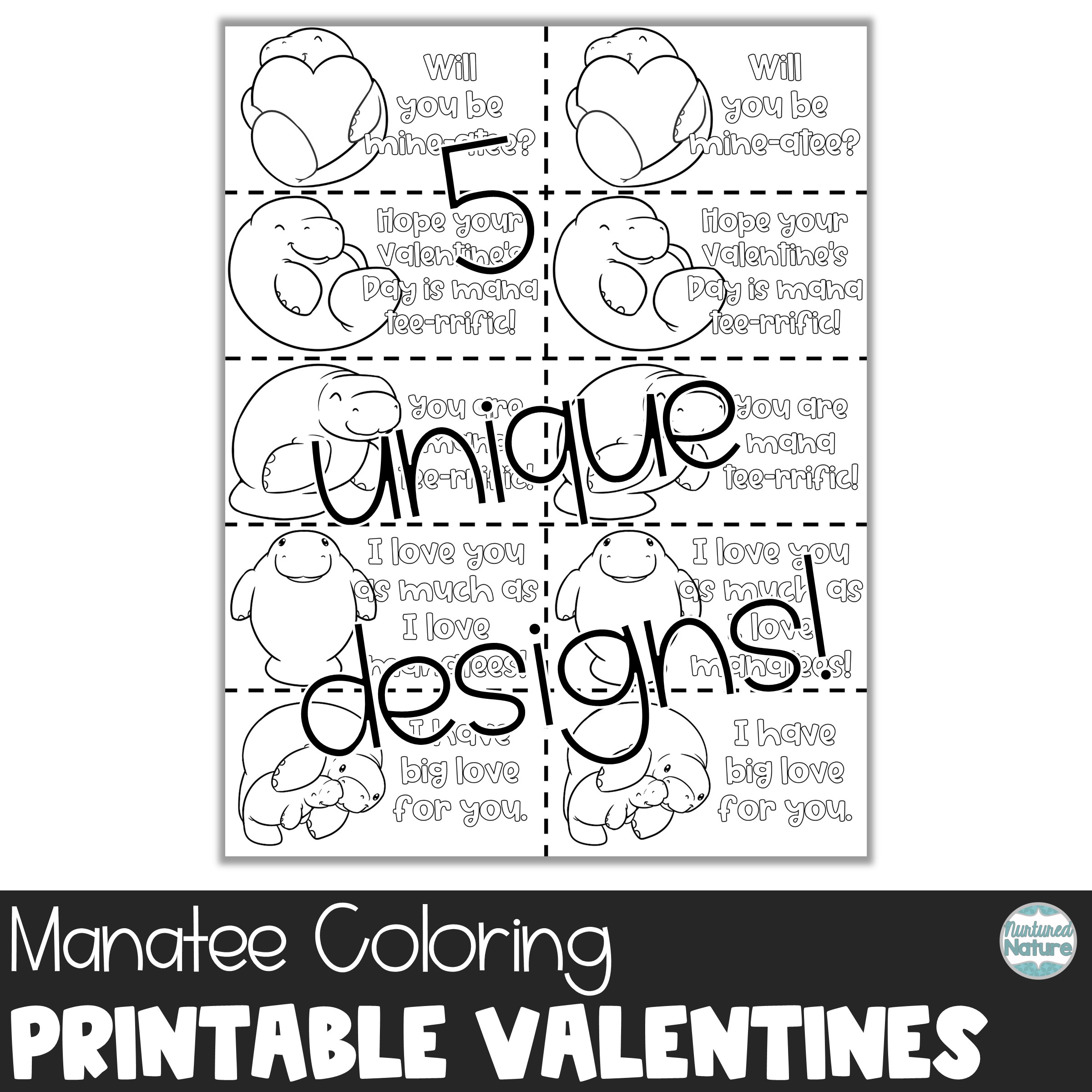 Manatee coloring valentines day cards printable made by teachers