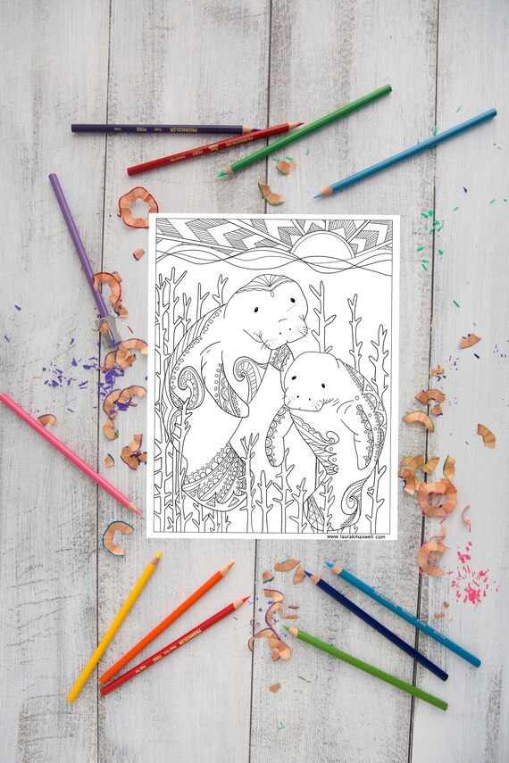 Manatees coloring sheet for adults and kids printable coloring page downloadable colouring sheet ocean animal coloring page