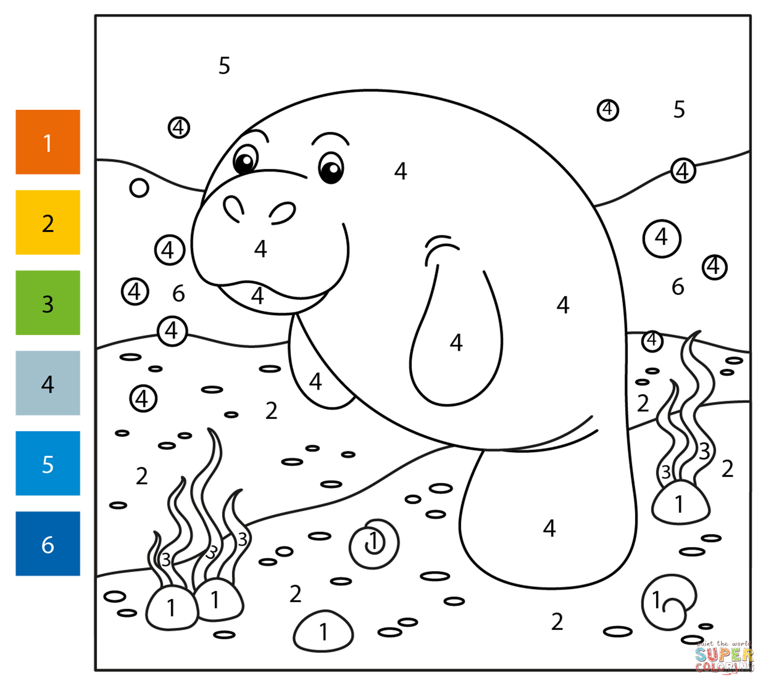 Manatee color by number free printable coloring pages