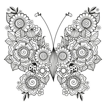 Vector coloring book page for adults black and white illustration of a butterfly from flowers royalty free svg cliparts vectors and stock illustration image