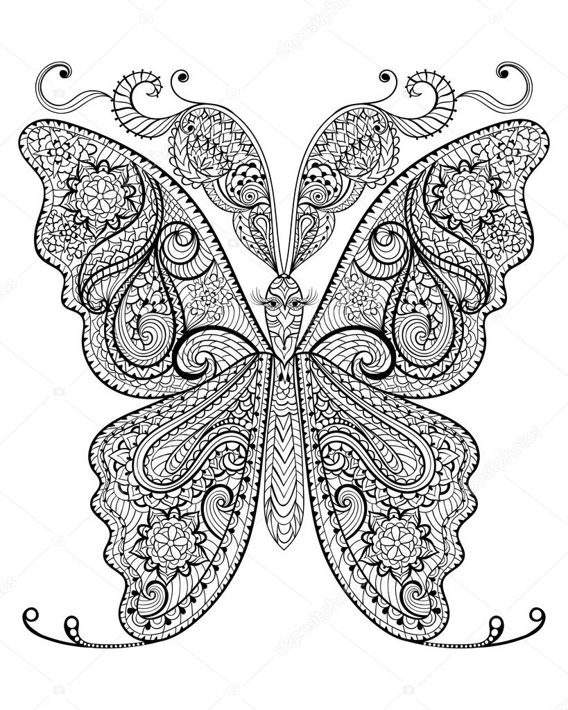 Hand drawn magic butterfly for adult anti stress coloring page stock vector by ipanki