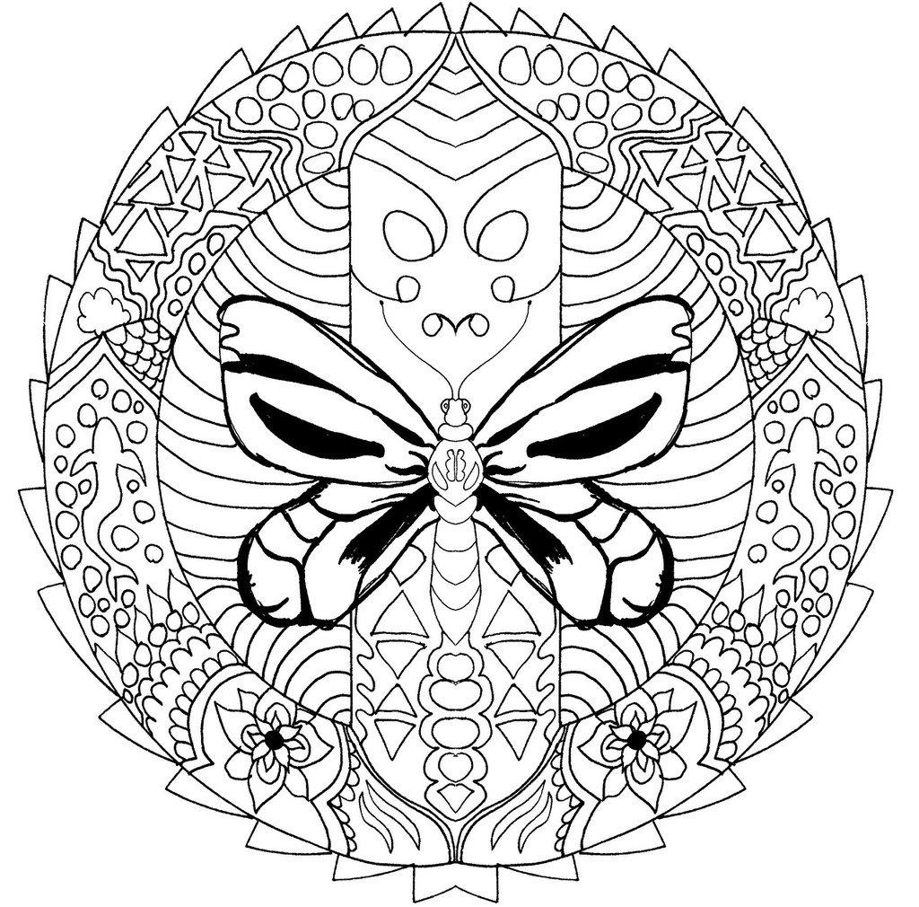 A black and white drawing of a butterfly mandala coloring for adults coloring book backgrounds textures