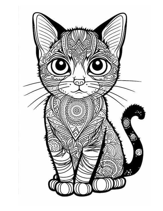 Cat mandala coloring pages instant download grayscale coloring pages printable pdf coloring pages
