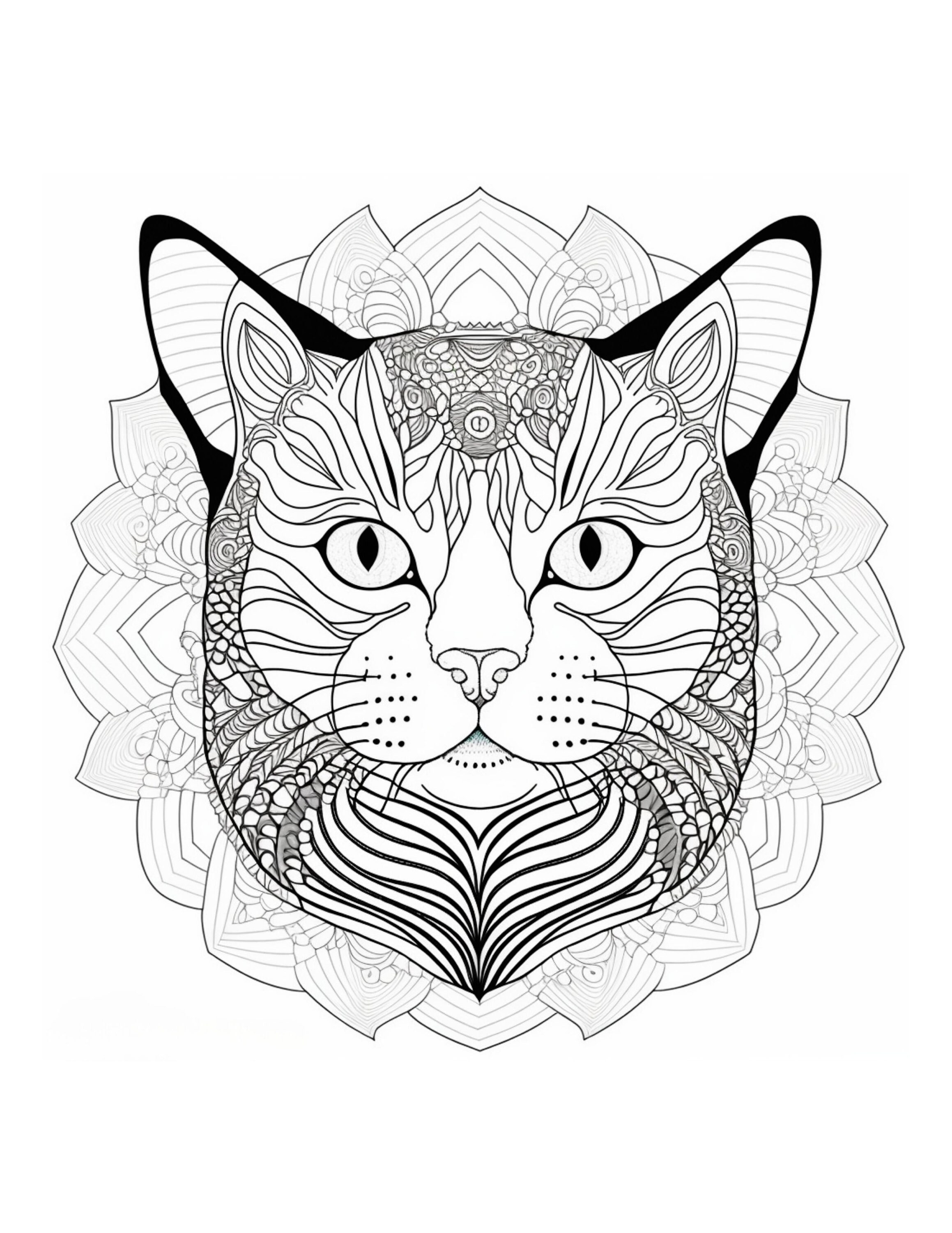 Cat mandala coloring pages ii instant download grayscale coloring pages printable pdf coloring pages