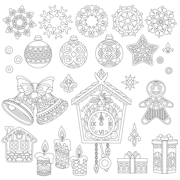 Premium vector christmas ornaments collection zentangle mandala line art designs for adult coloring book page