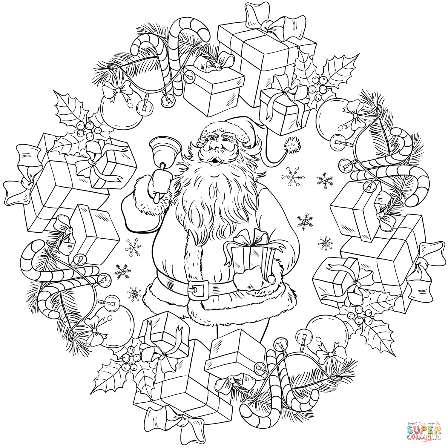 Christmas mandala with santa claus and presents coloring page free printable coloring pages