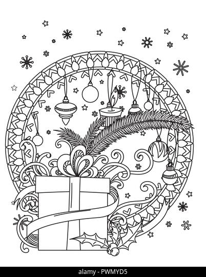 Christmas mandala coloring page adult coloring book holiday decore gifts balls and ribbond hand drawn vector illustration stock vector image art