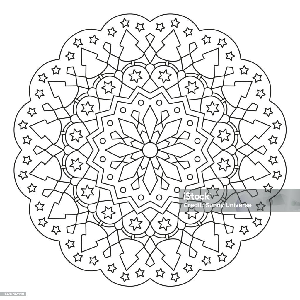 Christmas mandala round element for coloring book black lines on white background abstract geometric ornament vector stock illustration