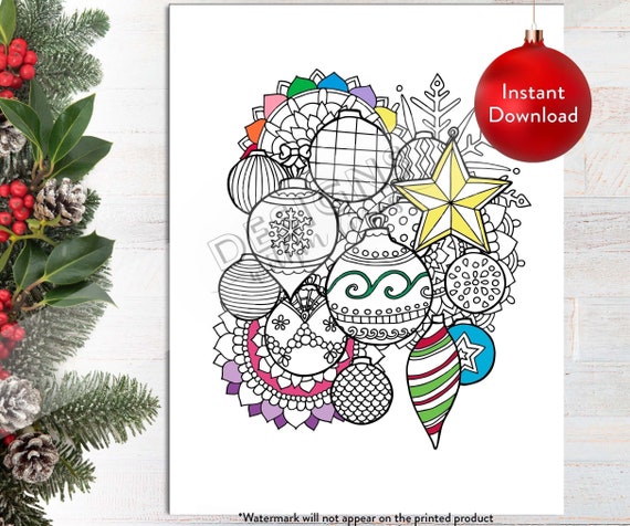 Printable christmas ornaments digital coloring page instant