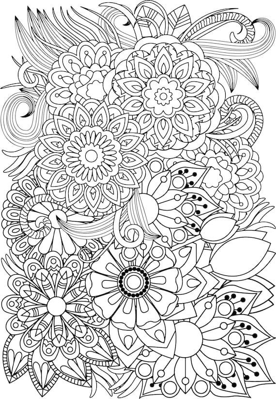 Psychedelic mandala flowers coloring pages adult printable book digital download not a physical product