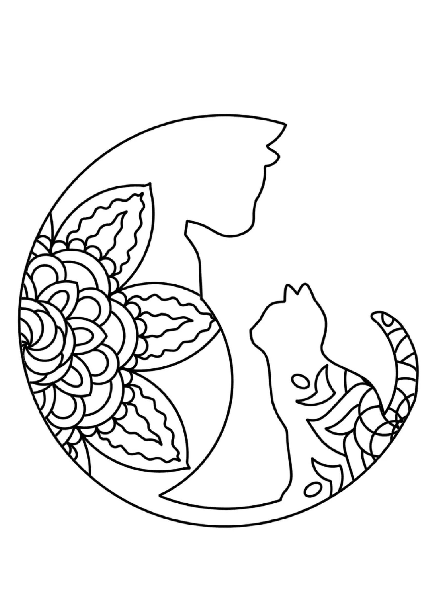 Cat with moon mandala coloring page