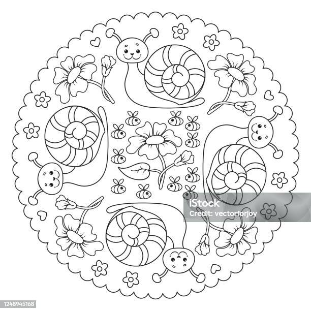 Coloring page mandala for kids with flowers and bees stock illustration