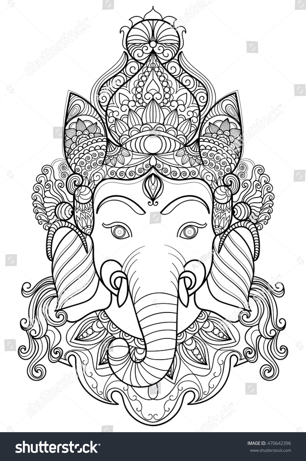 Hakuun handdrawn head hindu god ganesha coloring liittyvã vektorikuva rojaltivapaa