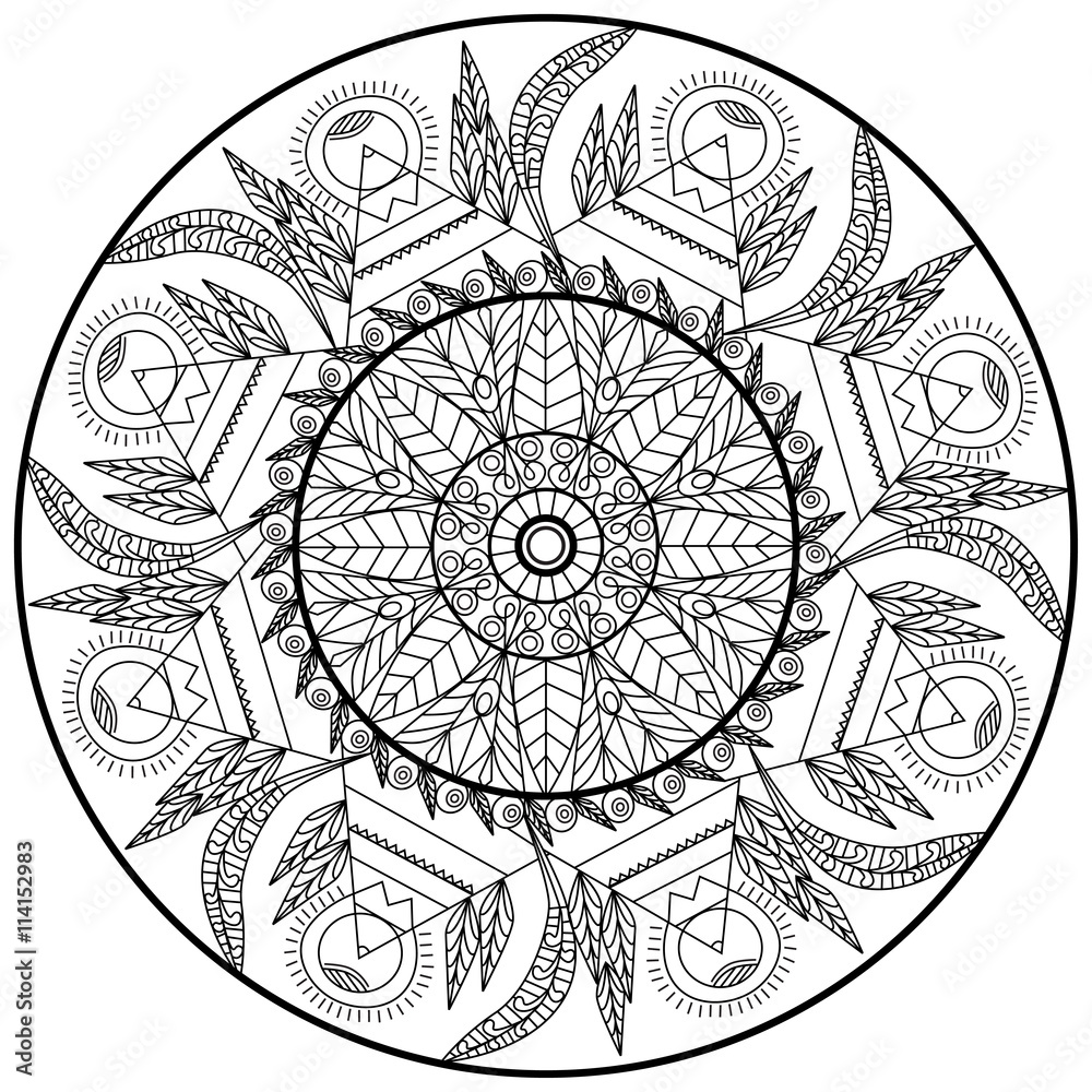 Transparent contour floral ornament circle mandala sacred geometric print pattern vector illustration for adult coloring pages or coloring books vector