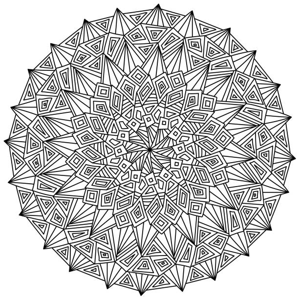 Symmetrical mandala with geometric elements and triangular petals coloring page in the shape of a circle with simple linear weaves stock illustration