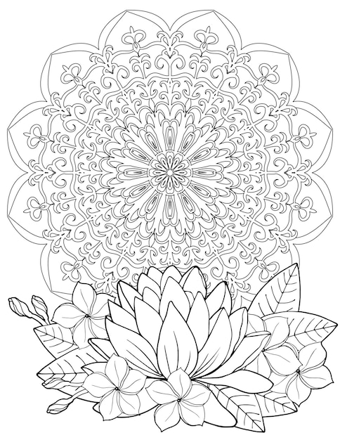 Premium vector coloring page for adults tropical flowers with lotus and mandala