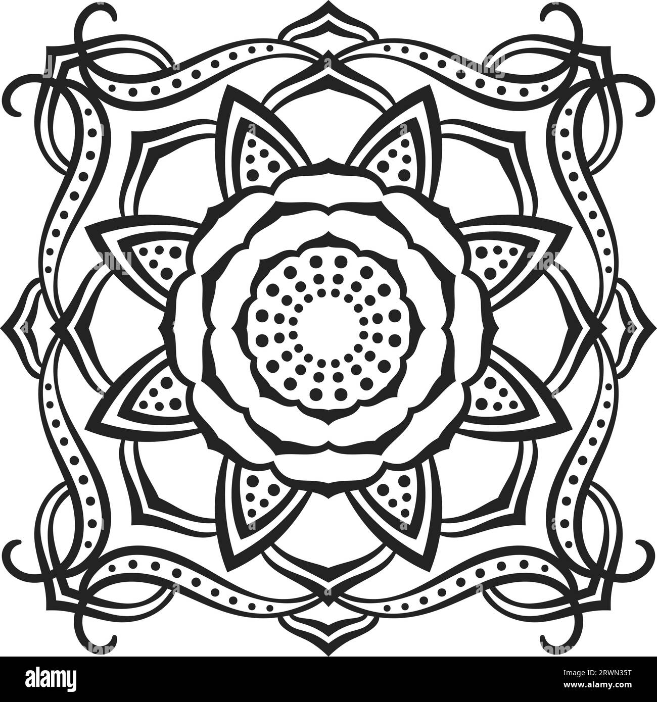 Square ornamental mandala with round lotus flower in middle isolated design element for coloring book print on t