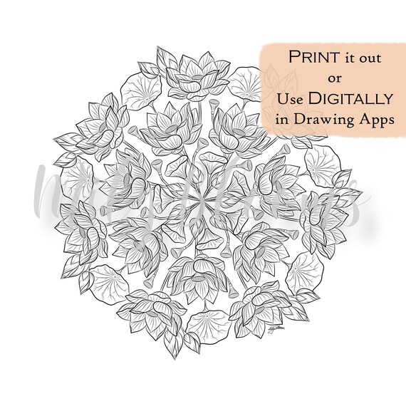 Printable and digital adults coloring page tropical lotus mandala with and without background