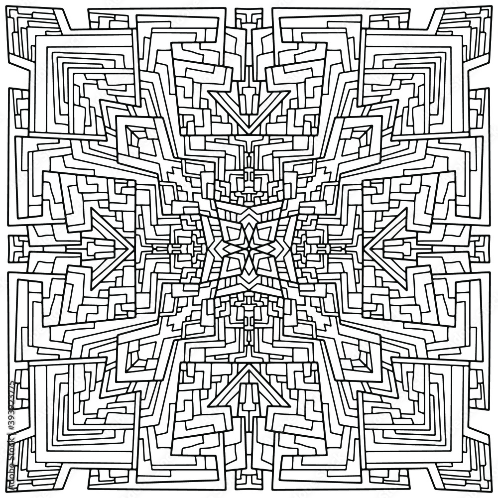 Square mandala drawn with linear figures and mosaic on a white background for coloring vector mandala vector