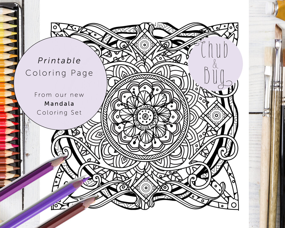 Printable mandala coloring page for adults â chub and bug illustration wall art and school supplies for kids and babies