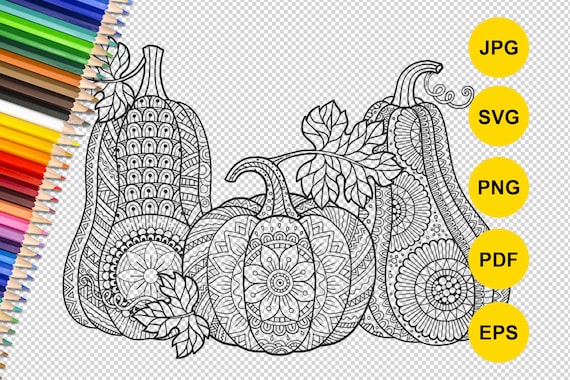Autumn vector coloring for adults pumpkins in mandala style printable zentangle coloring for thanksgiving and halloween png svg jpeg