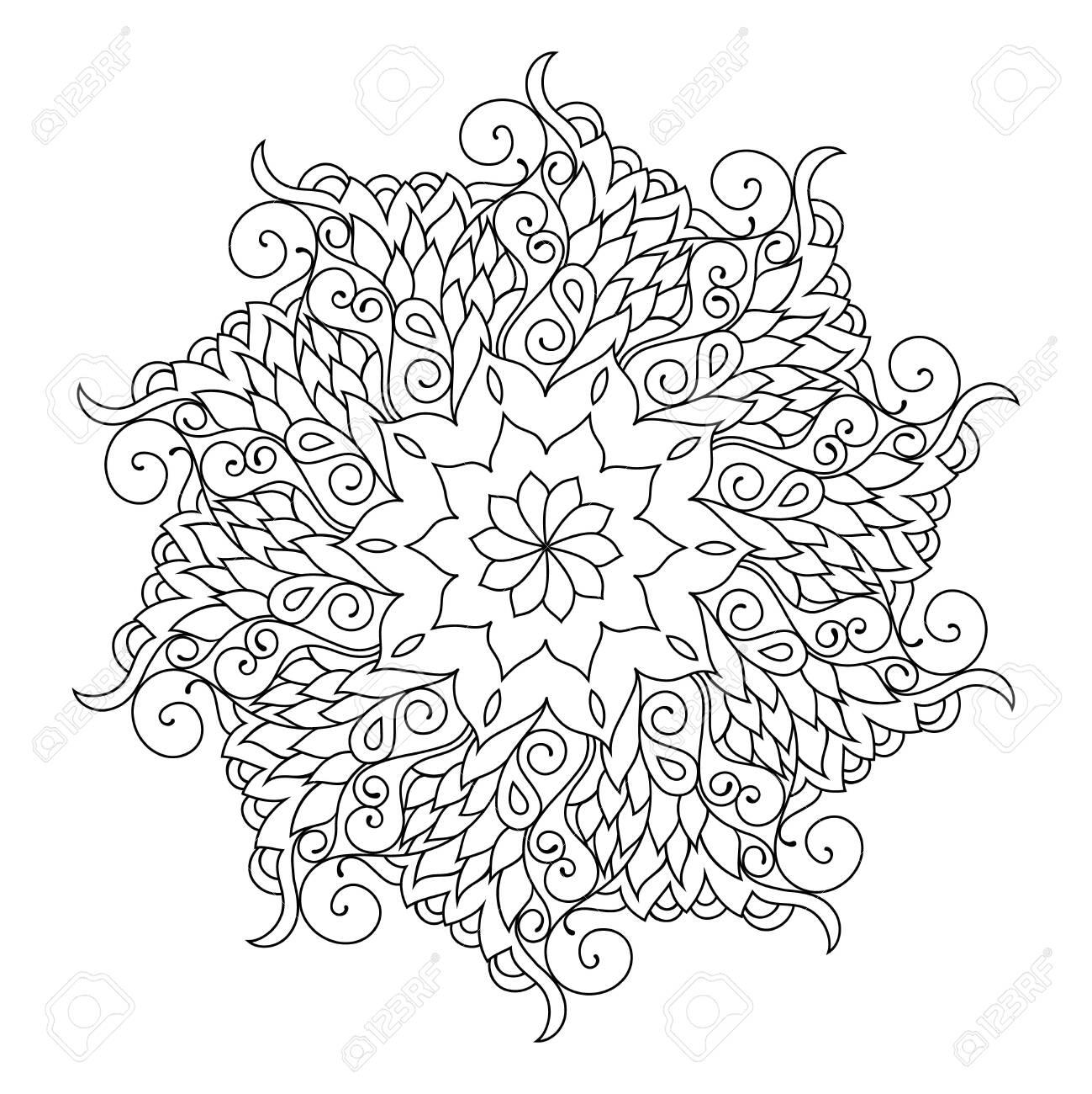 Radial mandala adult coloring book page zendoodle circular black and white outline illustration royalty free svg cliparts vectors and stock illustration image