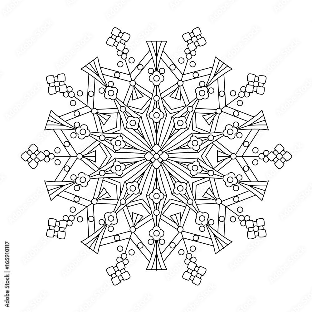 Abstract mandala centerpiece or whimsical snowflake line art design or coloring page vector