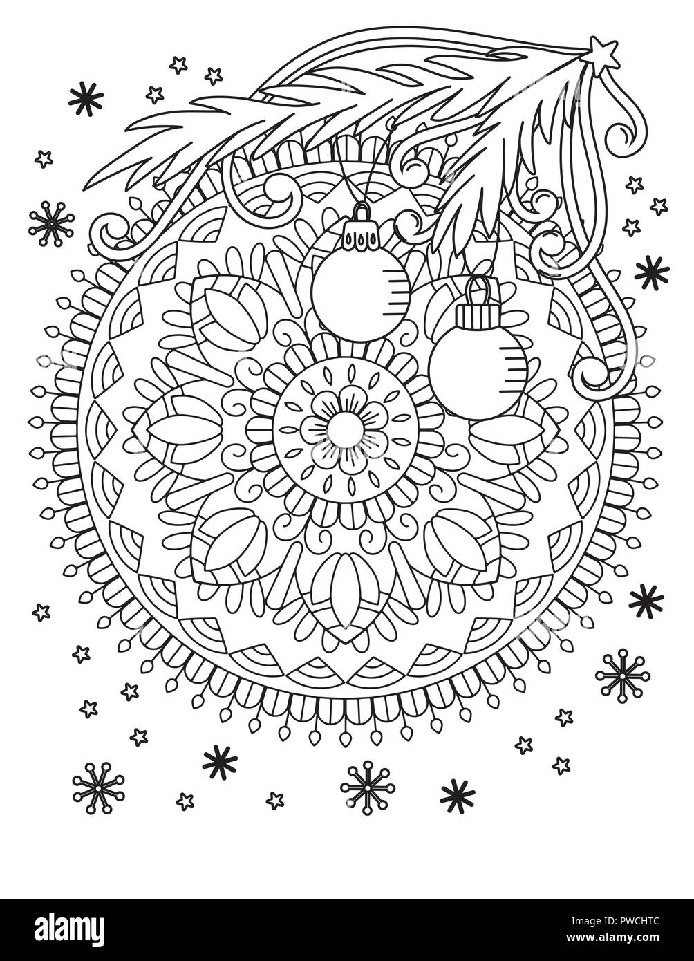 Christmas mandala coloring page adult coloring book holiday decore balls and snowflake hand drawn vector illustration stock vector image art