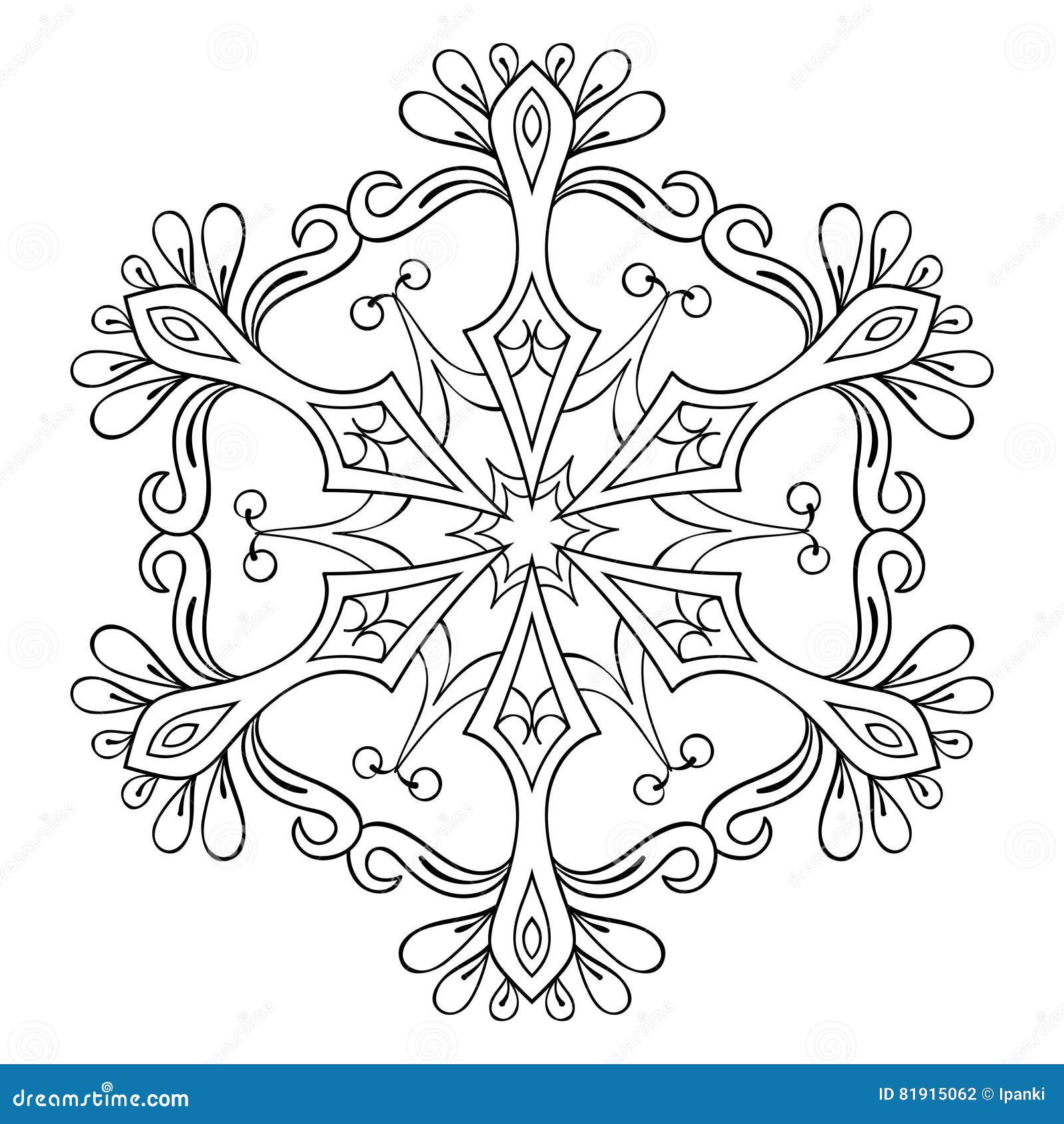 Vector snow flake in zentangle style mandala for adult coloring stock vector