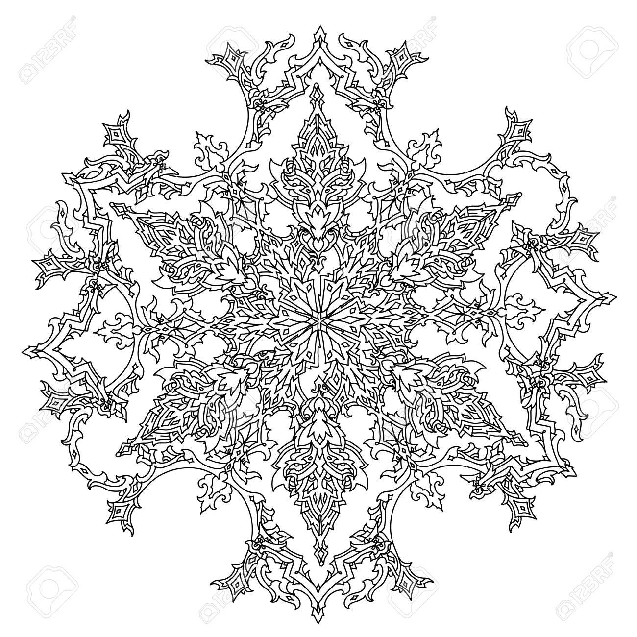 Circle ornament of snowflakes in shape of mandala for adult coloring book or for zen anti stress drawing hand